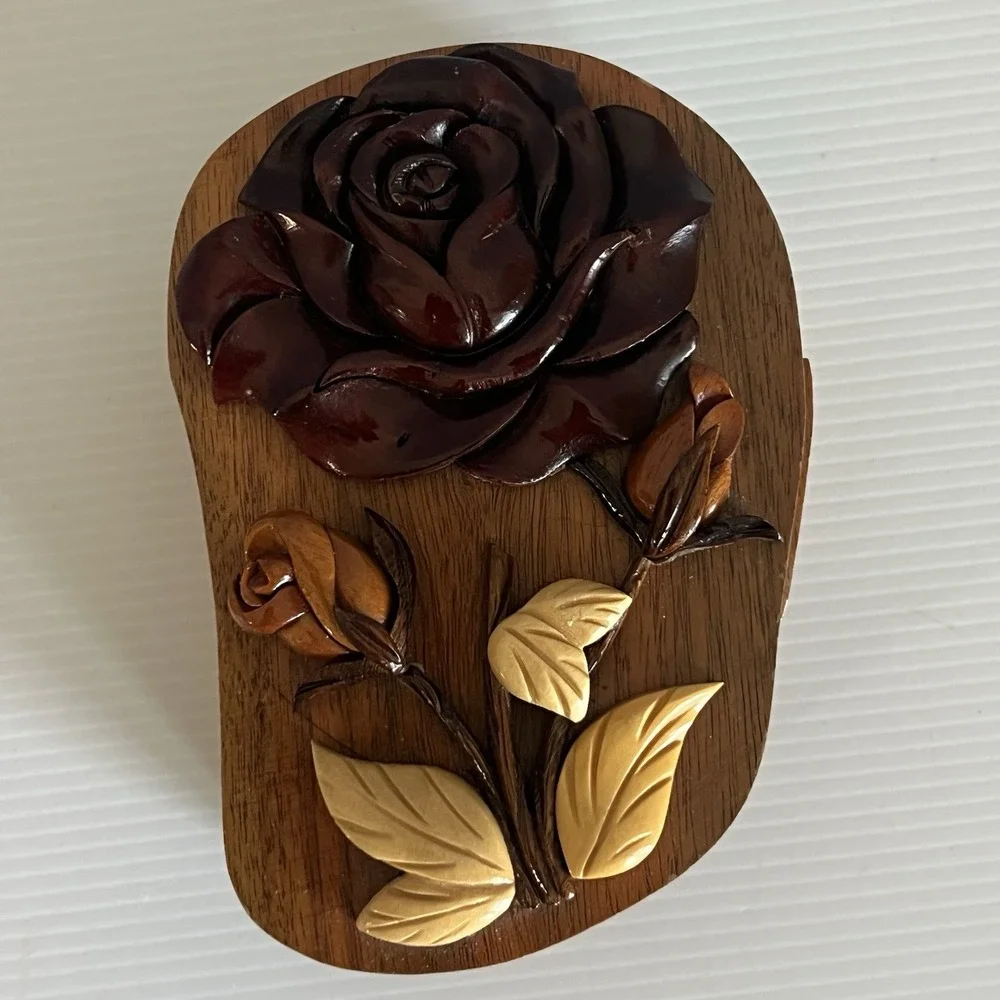 Handcrafted Wooden Floral Puzzle Box with Carved Rose and Red Velvet Lining